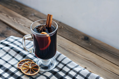 A glass of mulled wine with cinnamon stick, star anise, and orange slices on a wooden table.の写真素材