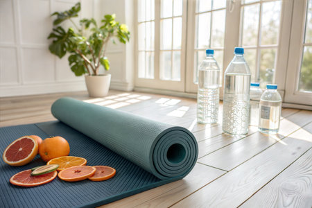 A rolled-up yoga mat with sliced citrus fruits and water bottles sits on a light wooden floor near a window.の写真素材