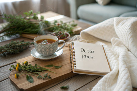 A cup of herbal tea sits on a wooden table next to a notebook with a detox plan written on it.の写真素材
