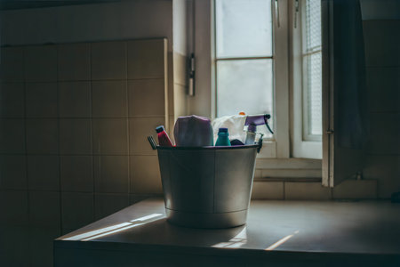 A bucket of cleaning products sits on a countertop, bathed in sunlight streaming through a window.