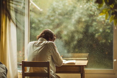 A person sits at a wooden desk by a rain-streaked window, writing in a notebook. Back view.