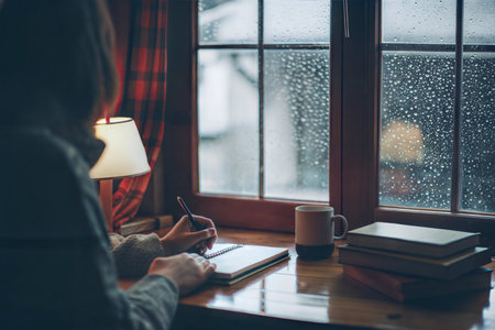 A person sits by a window on a rainy day, writing in a notebook. There is a warm lamp, mug and books on the table.の写真素材