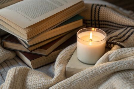 A lit candle sits on a stack of books, nestled in a soft, cream-colored knit blanket. The perfect ambiance for a quiet evening of reading.の写真素材