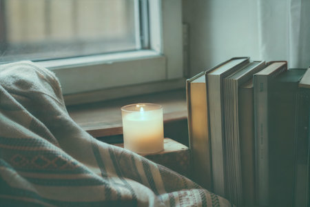 A lit candle sits on a windowsill next to a stack of books and a cozy blanket, creating a warm and...