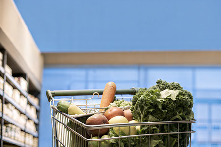 A metal shopping cart filled with fresh vegetables and fruits in a supermarket.の写真素材