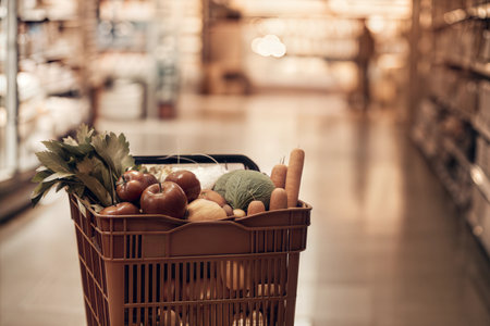 A brown plastic shopping cart filled with fresh produce in a supermarket.の写真素材