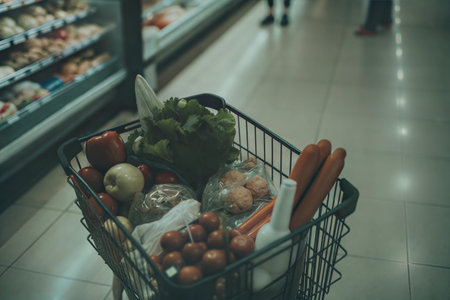 Close-up view of a metal shopping cart filled with various groceries, including vegetables, fruits,...