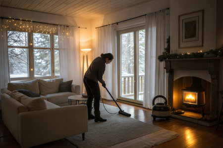 A woman vacuums the carpet in her cozy living room with a fireplace glowing warmly in the background.の写真素材