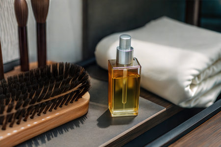 A bottle of essential oil sits on a dark surface next to a wooden brush holder and brushes. A folded...