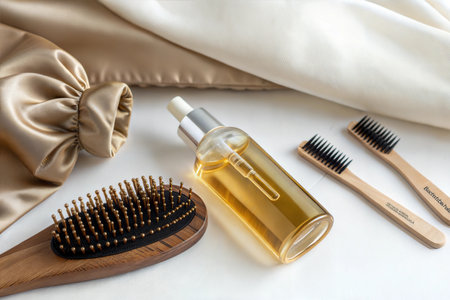 Wooden hairbrush, hair oil and bamboo toothbrushes on silk. Hair and body care concept. Flatlay.の写真素材
