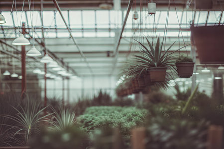 Various plants in pots hang from the ceiling of a greenhouse. Other plants are visible in the foreground.の写真素材