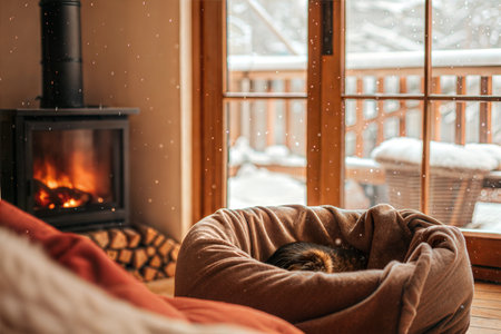 A cat naps in a warm blanket by a fireplace on a snowy day. The scene is cozy and inviting.の写真素材