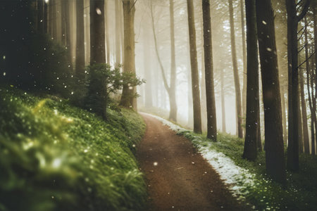 A magical forest path covered in a light layer of snow. Sunlight filters through the trees creating a mystical atmosphere.の写真素材