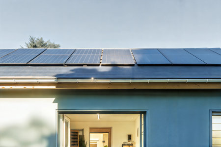 A modern house with solar panels installed on its roof, showcasing sustainable energy solutions. The image shows a sleek, contemporary design with a focus on clean energy.の写真素材