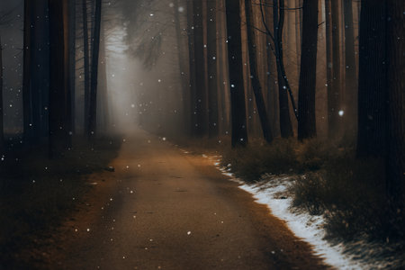 A dark, atmospheric path winds through a snow-covered forest. The scene is moody and evocative.の写真素材