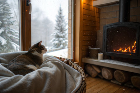 A tabby cat rests in a comfy basket, gazing out at a snowy winter scene from a warm cabin.の写真素材