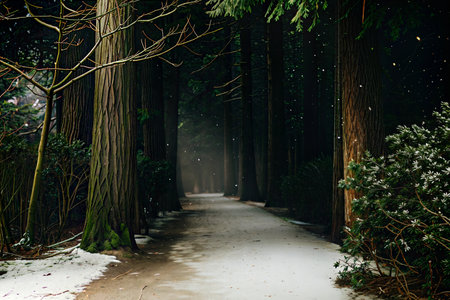 A snow-dusted path winds through a dense, dark forest. The tall trees create a mystical atmosphere.の写真素材