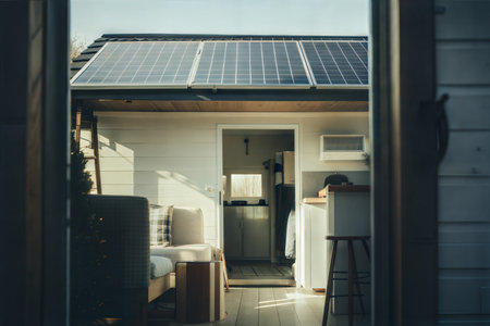 Cozy tiny home interior with solar panels on the roof, featuring a living area and kitchenette.の写真素材
