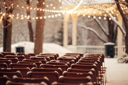 Empty brown chairs await guests at a winter wedding ceremony, decorated with fairy lights.の写真素材