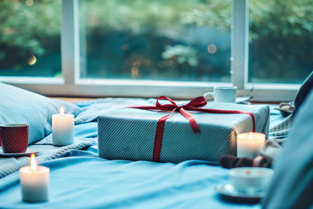 A blue striped gift with a red ribbon sits on a blue bed with lit candles and coffee cups nearby.の写真素材