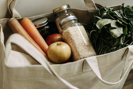 A beige tote bag filled with fresh produce, grains, and other healthy food items.  Focus on healthy eating and sustainable living.の写真素材