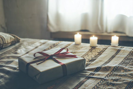 A wrapped gift sits on a bed in front of three lit candles near a window.の写真素材