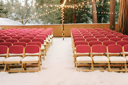 Rows of red chairs with white cushions sit on snow outdoors, under string lights and pine trees.の写真素材