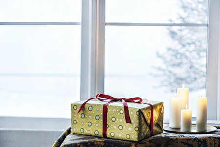 A beautifully wrapped Christmas gift sits on a table by a snowy window, surrounded by lit candles.の写真素材