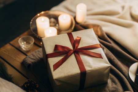 A gift with red ribbon is on a wooden table with burning candles and cozy textile around. Christmas mood.の写真素材