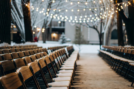 Rows of wooden chairs sit outside in the snow, decorated with string lights.の写真素材