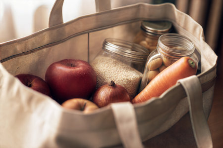 A beige tote bag filled with fresh produce, grains and cookies, promoting sustainable lifestyle choices.の写真素材