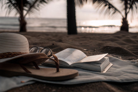 A book, hat and sandals are on a beach towel at sunset. The ocean is in the background.の写真素材