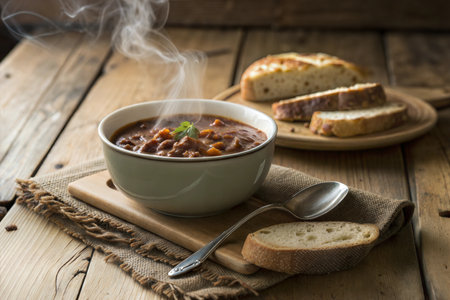 A rustic scene of a steaming bowl of stew, served with crusty bread, sits on a wooden table. The image evokes warmth and comfort.の写真素材