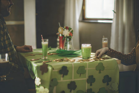 Couple enjoying St. Patrick's Day with green drinks and chocolate coins on a festive table.の写真素材