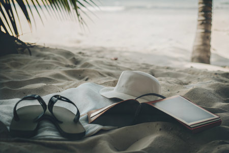 A white hat, book, and flip-flops rest on a towel on a sandy beach.の写真素材