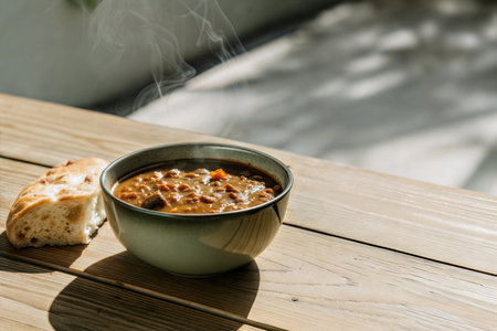 A steaming bowl of stew with a side of crusty bread, shot on a rustic wooden table outdoors in sunlight.の写真素材