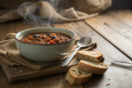 A rustic bowl of steaming stew with olives and crusty bread. Perfect for a cozy autumn or winter meal.の写真素材