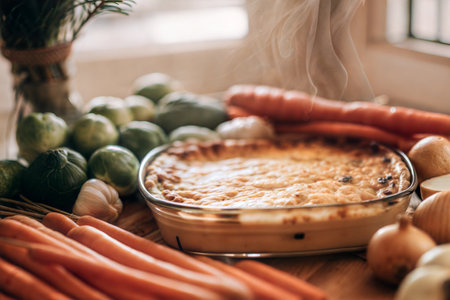 A delicious and healthy casserole, perfect for a cozy dinner. The warm colors and steam add to the inviting atmosphere.の写真素材