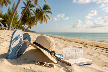 A straw hat, flip-flops, sunglasses, and a book rest on a sandy beach under palm trees.の写真素材