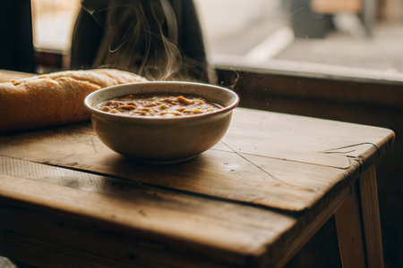 A steaming bowl of hearty soup sits on a rustic wooden table next to a crusty baguette. The warm lighting and steam create a cozy atmosphere.の写真素材
