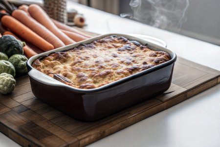 A freshly baked casserole with a golden brown crust, carrots, and brussels sprouts in the background.の写真素材