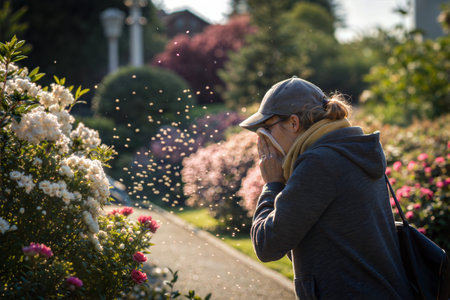 A woman sneezes while walking through a garden, pollen flying in the air. Spring allergies.の写真素材
