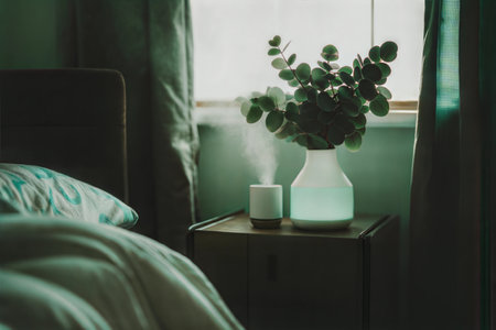 A calming bedroom scene with a diffuser and eucalyptus in a vase on a nightstand. Soft light and serene atmosphere.の写真素材