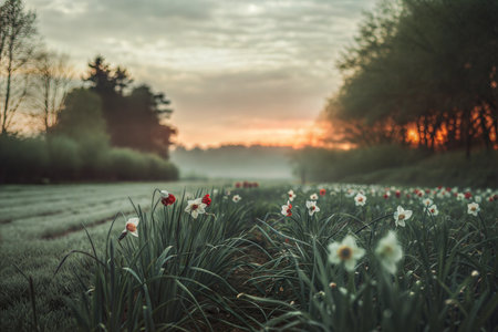 Misty sunrise scene with a field of white and red daffodils in the foreground.の写真素材