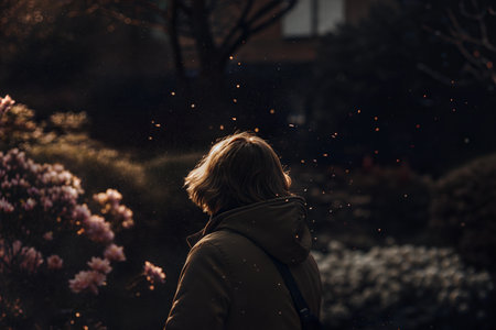 Rear view of a person with blonde hair standing in a garden with magical golden dust floating around them.の写真素材