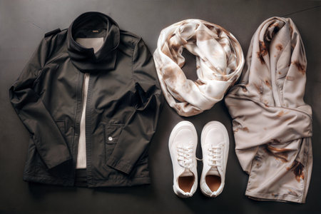 Flatlay featuring a black jacket, beige printed pants and scarf, and white sneakers on a dark background.の写真素材