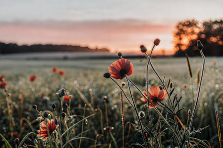 Red poppies in a field at sunrise, backlit by the warm morning light.  Dew drops glisten on the...