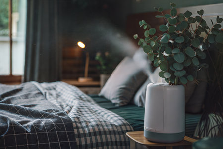 A humidifier sits on a bedside table, releasing a gentle mist, next to a eucalyptus plant. The bedroom is dimly lit and cozy.の写真素材