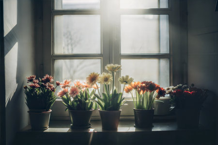 Colorful potted flowers on a window sill, bathed in sunlight.  A tranquil and serene scene.の写真素材