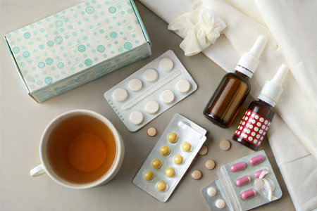 Top view of various medications, a cup of tea, and tissues, suggesting illness or recovery.の写真素材